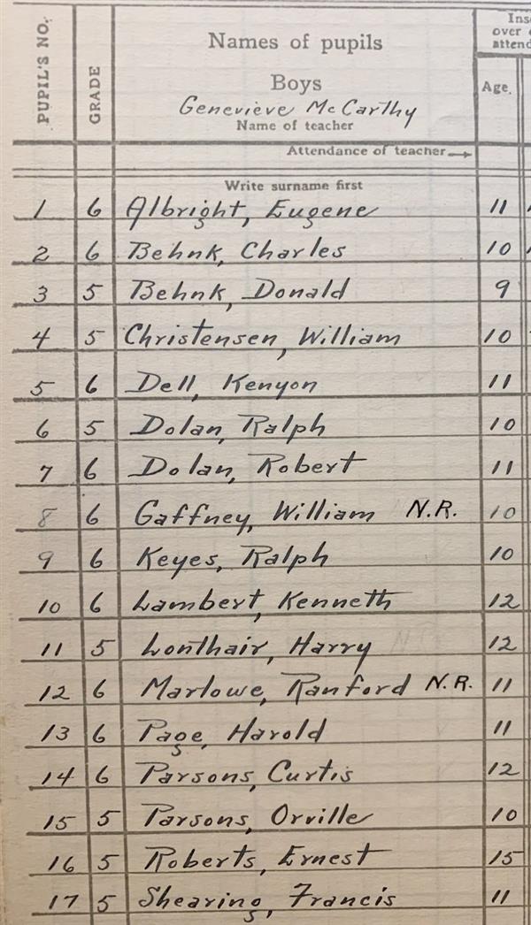Handwritten list of male student names from old register